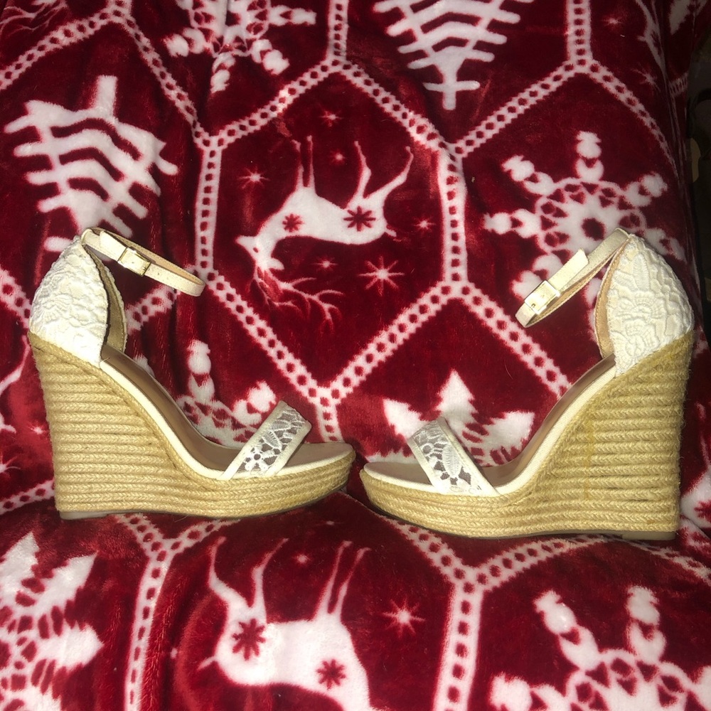 Express White Lace Ankle Strap Wedges Like New